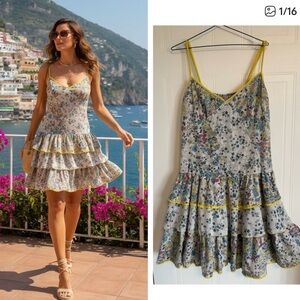 Yellow Floral Tiered Ruffle Dress 42/10 Mediterranean Dolce Vita Summer Mini EUC